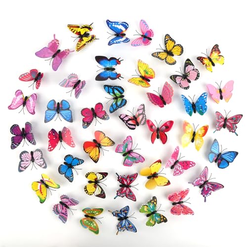NIKUNX 100 Stück Schmetterlinge Deko mit Sicherheitsnadeln, Bunte PVC Schmetterling Brosche für Dekoration Zimmer, Büro, Esstisch (zufällige Farben und Stile) von NIKUNX