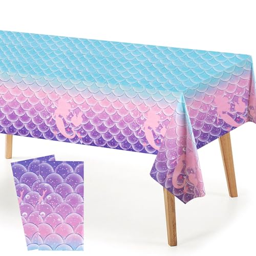 NIKUNX 2 Stück Meerjungfrau Party Tischdecke, Meerjungfrau Tischdecke, 137 x 274 cm Meerjungfrau Tisch Cover, wasserdichte PVC Plastic Meerjungfrau Tischdecke für Kinder, Sea Themen Party von NIKUNX