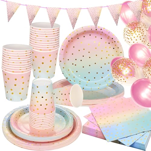 NINGESHOP 200Stück Partygeschirr Kindergeburtstag, Regenbogen Partyzubehör Pappteller Set, Wiederverwendbar Papier Geschirr Set mit Teller Becher Servietten Strohhalme Holz Gabellöffel - 25 Gäste von NINGESHOP