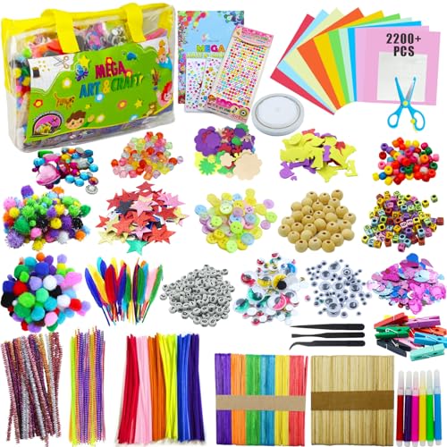 NINGESHOP Bastelset Kinder, 2200+ Stück DIY Basteln Bastelkoffer, Bastelzubehör Bastelmaterial Scrapbooking, Bastelset Glitter Pompons,Federn,Pailletten,Pfeifenreiniger, Perlen,Geschenk für Kinder von NINGESHOP