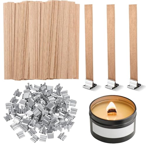 NINGYER 100 Stück Kerzendocht Holz mit 100 Eisenständer, 13 x 130mm Holzdocht Docht Holz, Holzdochte für Kerzen für Kerzenherstellung und DIY Handwerk von NINGYER