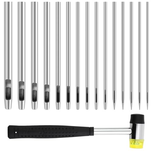 NINGYER 15 Stück Locheisen Set, Locheisensatz Leder 0,5mm Bis 6mm, Runde Stahl Hohl Punch Set mit 1 Gummihammer, Geeignet für Leder, Uhrenarmband, Dichtung Gürtel, Stoff (15 Größe) von NINGYER