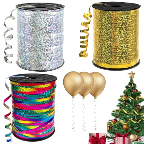 NINGYER 3 Rollen Geschenkband, 450 Meter/ 500 Yard Ringelband Glitzer, Ballonband, Geeignet für Geschenkverpackung, Ballonverschlüsse, Basteln, Hochzeitsdeko (Gold, Silber, Farbe) von NINGYER