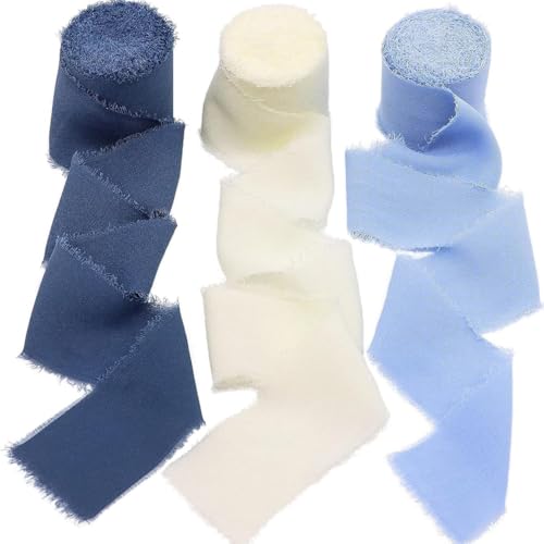 Fransen Chiffonband 3 Rollen handgefertigtes Fransen-Chiffon-Seidenband, 5,1 cm breit x 5 m pro Rolle, Band-Set mit ausgefransten Kanten for Geschenkverpackungen, Hochzeitseinladungen, Blumensträuße, von NINHFTDROU