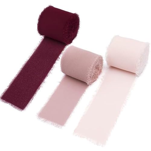 Fransen Chiffonband 3 Rollen handgefertigtes Fransen-Chiffon-Seidenband, 5,1 cm breit x 5 m pro Rolle, Band-Set mit ausgefransten Kanten for Geschenkverpackungen, Hochzeitseinladungen, Blumensträuße, von NINHFTDROU