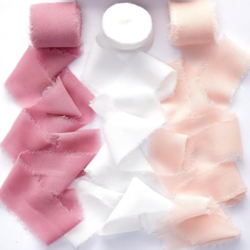 Fransen Chiffonband 3 Rollen handgefertigtes Fransen-Chiffon-Seidenband, 5,1 cm breit x 5 m pro Rolle, Band-Set mit ausgefransten Kanten for Geschenkverpackungen, Hochzeitseinladungen, Blumensträuße, von NINHFTDROU