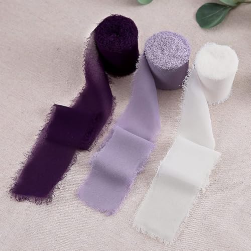 Fransen Chiffonband 3 Rollen handgefertigtes Fransen-Chiffon-Seidenband, 5,1 cm breit x 5 m pro Rolle, Band-Set mit ausgefransten Kanten for Geschenkverpackungen, Hochzeitseinladungen, Blumensträuße, von NINHFTDROU