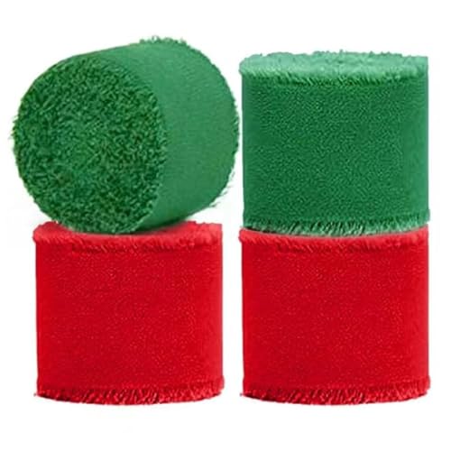 Fransen Chiffonband Weihnachts-Chiffonband mit Fransen, handgefertigt, 4 Rollen, 3,8 cm x 5 m, Chiffon-Seidenband, ausgefranste Kanten, Band for Bündeln von Hochzeitssträußen, for Verpacken von Gesche von NINHFTDROU