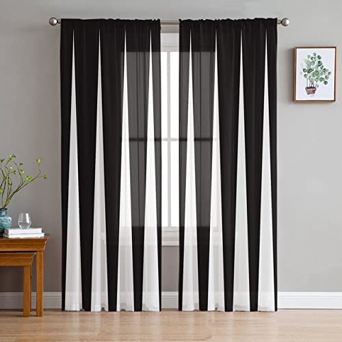 Schwarz-Weiß-Streifen Geometrischer Tüll-Fenstervorhang für Wohnzimmer Moderner Gardinen-Vorhang für Schlafzimmer Küchenvorhänge Custom-1.135W x 160H (cm) x 2 von NIQIU