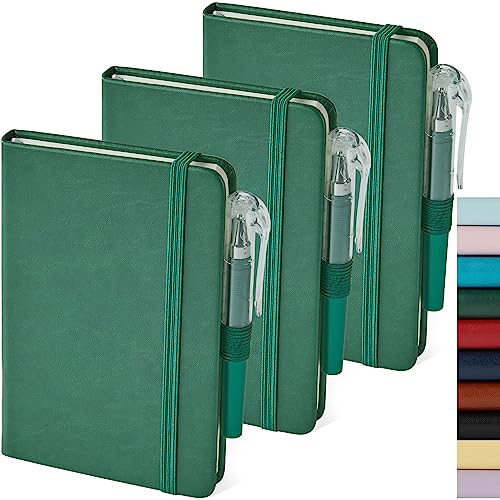 Mini Notizbuch A6 mit Stift, 3 Stück Notizblock Klein 9,4 x 14,5 cm Hardcover Taschen Notizbücher mit Stifthalter, Gummiband, dickes Papier, grünes Leder Notizbuch von NIRMIRO