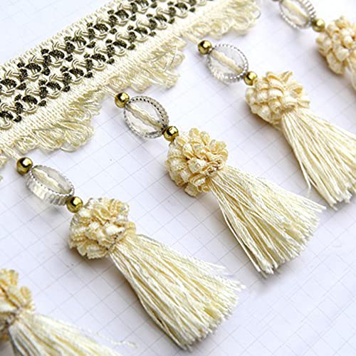 NIRNHYRUR Quastenbesatz, Quastennähen, 3 Yards Quaste Perlen Fransen for Vorhang Tischdekoration DIY Handwerk Nähen Trim Home Room Decor Polsterzubehör(Beige) von NIRNHYRUR