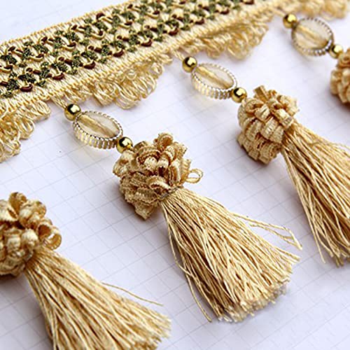 NIRNHYRUR Quastenbesatz, Quastennähen, 3 Yards Quaste Perlen Fransen for Vorhang Tischdekoration DIY Handwerk Nähen Trim Home Room Decor Polsterzubehör(Gold) von NIRNHYRUR