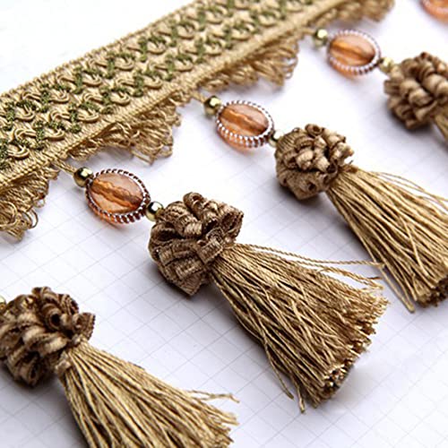 NIRNHYRUR Quastenbesatz, Quastennähen, 3 Yards Quaste Perlen Fransen for Vorhang Tischdekoration DIY Handwerk Nähen Trim Home Room Decor Polsterzubehör(Light Brown) von NIRNHYRUR