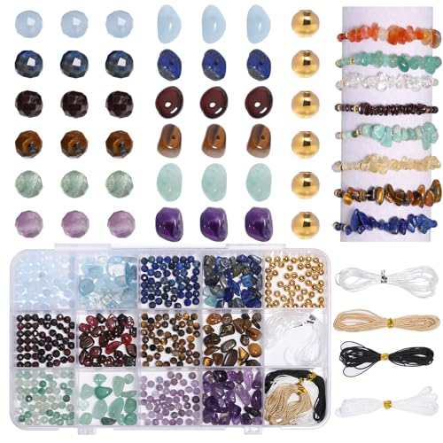 300 Stück 4 mm natürliche Edelsteine, facettierte Steinperlen und Splittersteinperlen, Kits mit 4 mm goldenen Weltraumperlen für Armbänder, Halsketten, Schmuck, DIY (dunkel) von NITOPUPU