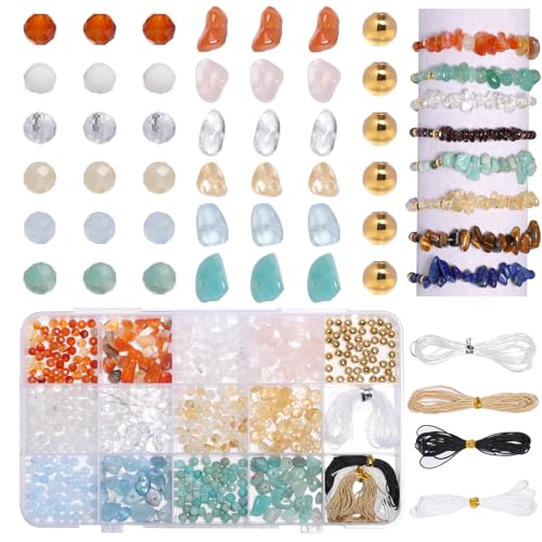 300 Stück 4 mm natürliche Edelsteine, facettierte Steinperlen und Splittersteinperlen, Kits mit 4 mm goldenen Weltraumperlen für Armband, Halskette, Schmuck, DIY (hell) von NITOPUPU