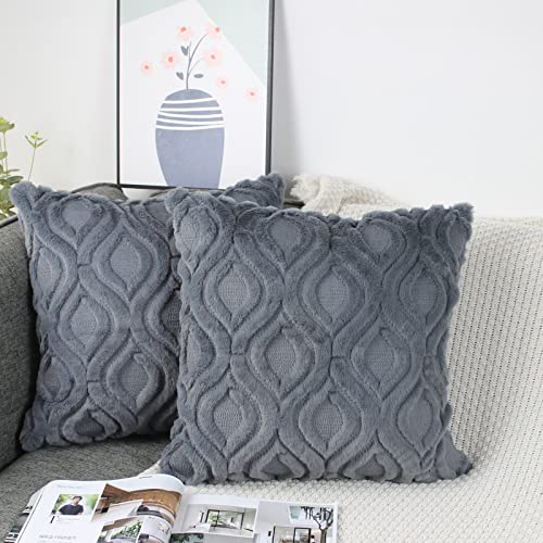 NIULAA 2er Set Plüsch Wolle Kissenbezug 50x50 Anthrazit Grau Samt Boho Deko Kissen Flauschig Couchkissen Dekokissen Fell Kissenbezüge für Sofa Wohnzimmer Modern Kissenhülle Bezug Sofakissen von NIULAA