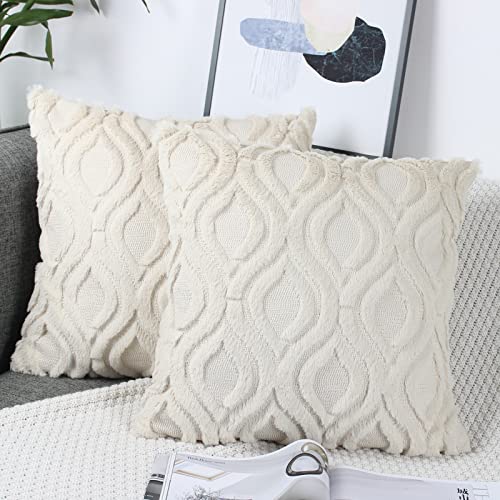 NIULAA 2er Set Wolle Kissenbezug 40x40 cm Beige Strick Samt Edel Deko Kissen Flauschig Zierkissenbezüge Fell Kissenbezüge für Wohnzimmer Kissenhülle Bezug Sofakissen Cuddly Kissen von NIULAA