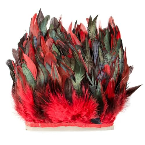 Hüte mit Federn dekoriert. 1Meter 15-20CM Natürliche Huhn Hahn Schwanz Federn Borte Streifen for DIY Hochzeit Kleidung Party Hahn feder Band(Red) von NIUSABOU