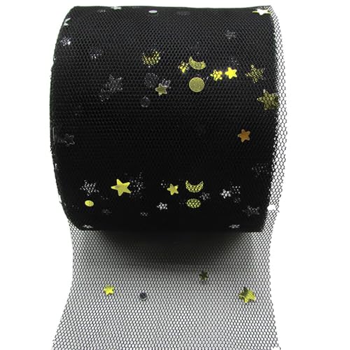 NIUSABOU 6cm x 25 Yards Tüll Netzband mit Sternen Mond Pailletten, Geschenkband, Dekoband Tüll for Nähen Basteln Dekorieren, DIY Basteln(Black) von NIUSABOU