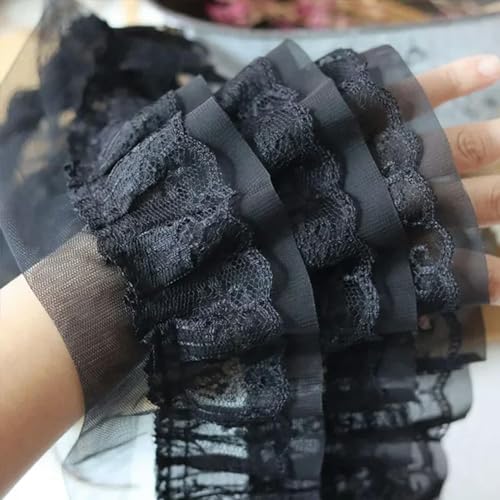 Stickband an der Seite. 12 cm breit weiß schwarz drei Schichten 3D Plissee Mesh Chiffon Stoff bestickt Rüschen Trim DIY Kleid Bekleidung Kragen Nähen Dekor(Black) von NIUSABOU