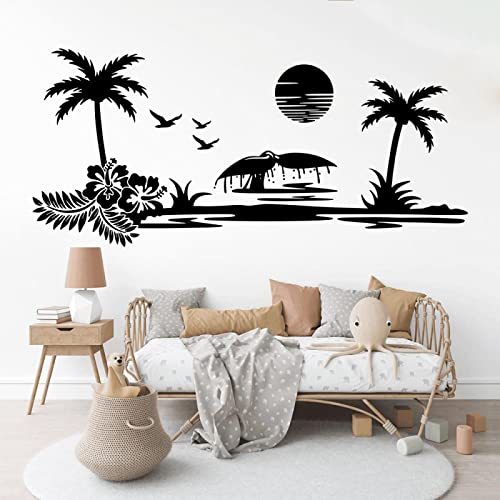 NIUZHENBAOS Beach Palm Tree Sunshine - Schwarz-Weiß-Silhouette Wandaufkleber: Geeignet Für Zimmer, Schlafzimmer, Urlaub Hotel Dekor, Vinyl Wandaufkleber 120x55cm von NIUZHENBAOS