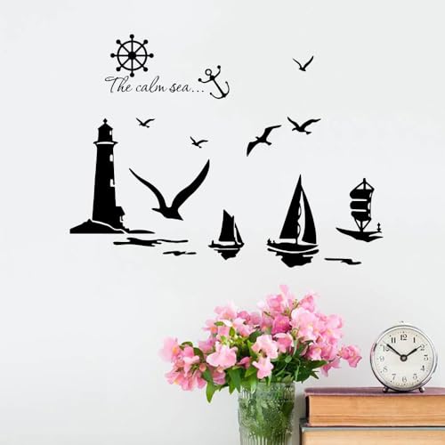 NIUZHENBAOS Leuchtturm Segel Möwe Ozean Schwarz und Weiß Einfacher Wandaufkleber - Perfekt für Badezimmer, Küche, Fenster, Glastür - Abnehmbare Vinyl Wandaufkleber 58x80 cm von NIUZHENBAOS