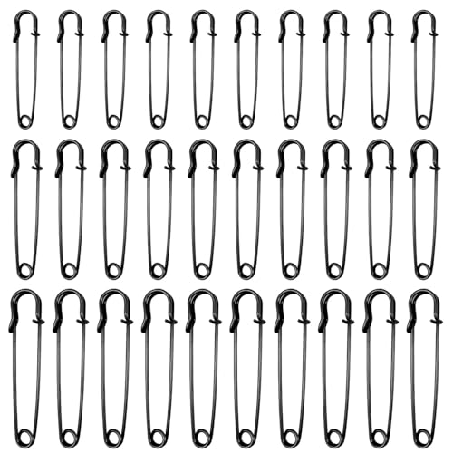 30 Stück Sicherheitsnadeln, Sicherheitsnadeln Groß, Safety Pins, Sicherheitsnadel, Große Sicherheitsnadeln, Sicherheitsnadeln Set 5cm/6.3cm/7cm für Kleidung, Quilten, Decken, Röcke, Schal (Schwarz) von NIYATA