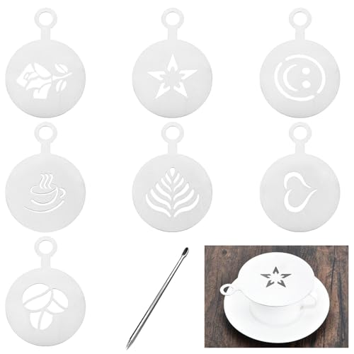 7 Pcs Kaffee Zubehör Deko, Latte Art Kaffeeschablone, Kaffee Schablonen Cappuccino Schablonen, Kaffeedekoration, Edelstahl Schablonen, Kaffee Dekorieren, Kaffee Dekoration Schablonen Kommt mit 1 Stift von NIYATA