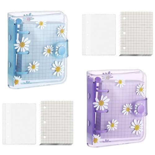 NIYATA 2 Sets Mini-Ordner mit 3 Löchern, Mini-Ordner Kawaii, transparent, Mini-Notizbuch Kawaii, 3 Ringe mit Innenpapier, 3 Aufbewahrungstaschen, Mini-Taschenbücher, Aesthetic Notizblock von NIYATA