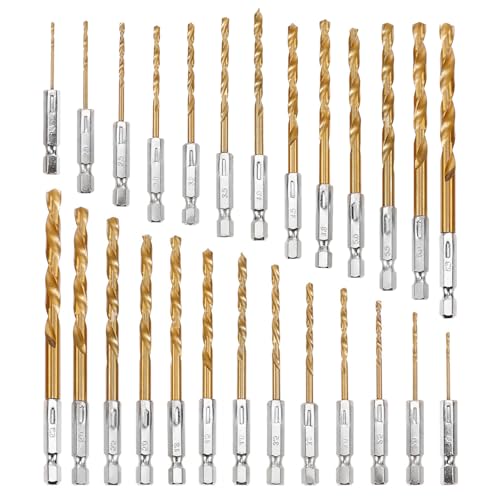 NIYATA 26 Stück Titan Bohrer Set,Bohrer mit Sechskantschaft,1,5-6,5 mm Schnellarbeitsstahl,Spiralbohrer Sechskantschaft Bohrer Sets für Metall Holz und Kunststoff von NIYATA