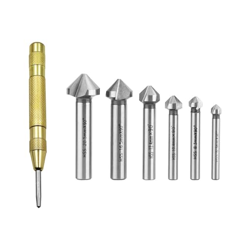 NIYATA 6 Stück 90°Kegelsenker Satz HSS Senker Set, Stahl Senker Bohrer Set,Titan Beschichtungen Senkbohrer Ø 6.3/8.3/10.4/12.4/16.5/20.5mm mit 1 Messing Automatische Center Bohrer Punch von NIYATA