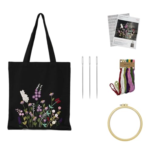 NIYATA Stickset Tasche,Schwarze Canvas Tote Bag,Stickset für Anfänger,Canvas Bag Cross Stitch Kits,Embroidery DIYArts Kits mit Blumenmuster,Bambus Stickrahmen,Farbfden,Nadeln von NIYATA