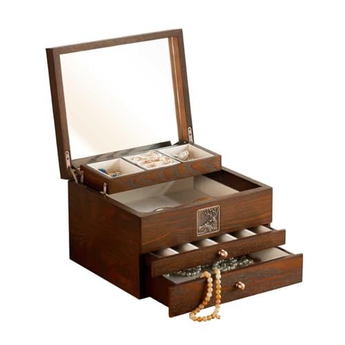 NJDQFA 4-lagige Schmuckschatulle aus Holz, abschließbare Aufbewahrungsbox, integrierter Spiegel, geeignet für Ringe, Ohrringe, Halsketten und Armbänder, Classic von NJDQFA