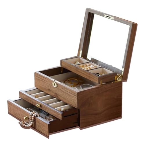 NJDQFA 4-lagige Schmuckschatulle aus Holz, abschließbare Aufbewahrungsbox, integrierter Spiegel, geeignet für Ringe, Ohrringe, Halsketten und Armbänder, Walnut Lockable von NJDQFA