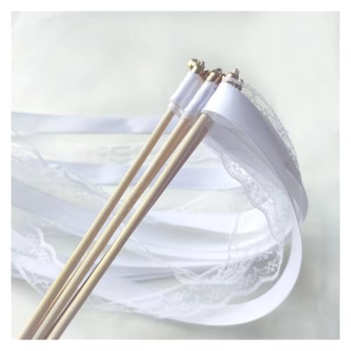 NJIEzhao Wedding Wands 50/20 Stück weiße Spitzenband-Hochzeitsstäbe mit Goldener Glocke, Hochzeitsband, Feenstab, wirbelnde Luftschlangen, Party-Requisite(20pcs) von NJIEzhao