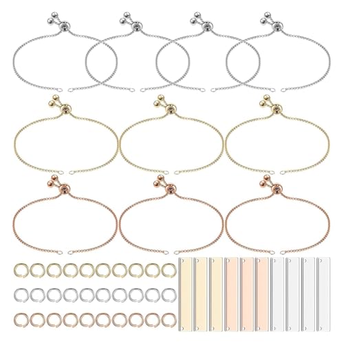 NKBSDKM Gravierbare Armbänder DIY-Set Inklusive 10 Rechteckigen -Anhängern, 10 Verstellbaren Schiebearmbändern und 30 Biegeringen von NKBSDKM