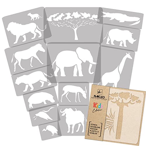 NAKLEO Wiederverwendbare Kunststoff Schablonen Malen Kinder, 14 Stück Set 9x12 bis 23x34cm Tiere der Savanne, Kinderzimmer Malvorlage Raumdekoration, Basteln DIY Wand Möbel von Nakleo