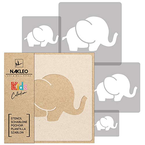 NAKLEO Schablonen Malen für Kinder, 5 Stück Set 9x9 bis 34x34cm Elefant Säugetier Tier, Wiederverwendbare Kunstoff Kinderzimmer Malvorlage Raumdekoration, Basteln DIY Wand Möbel Papier von Nakleo