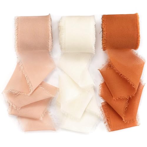 NLONLL 3 Rollen Chiffon Geschenkband Orange Beige Creme Chiffonband Schleifenband Hochzeit 4cm x 5m Dekoband Stoffband Fransenband für DIY Geschenk Verpackung Einladungen Brautsträuße von NLONLL