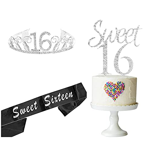 NMAS Sweet 16 Cake Topper Silber Glitzer,Sweet Birthday Acryl Topper,42 Inch Number Balloon,Sweet Sixteen Sash and Crown Fabulous Tiara for Girls, 16th Gifts Suit Happy Party Supplies Dekorationen von NMAS