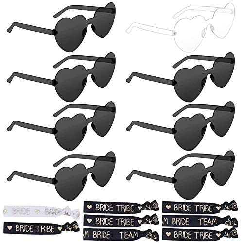 NMBCH Bride Herz Brille, 8 Herz Sonnenbrille Randlose Sonnenbrille, JGA Partybrillen Set, Herzförmige Brille Set für Hochzeit Geburtstag Party (Durchscheinend, Schwarz) von NMBCH