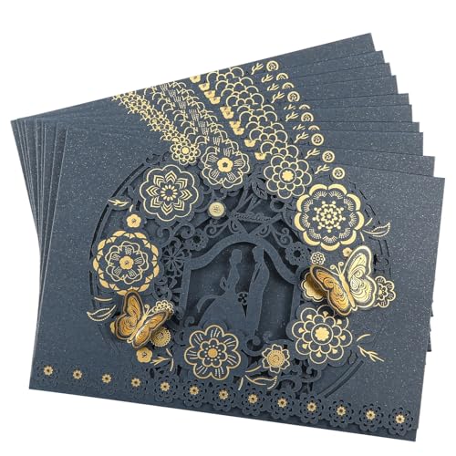 NMZXSTKN Hochzeitseinladungen Karte 10 Teile/Paket 3D Schmetterling Hochzeit Einladungskarten Blume Braut Bräutigam Aushöhlen Glänzende Perle Papier Kartenhalter(10pcs Blue Card) von NMZXSTKN