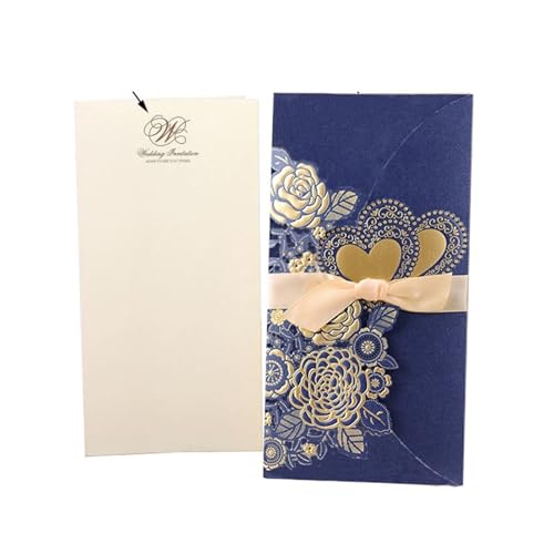 NMZXSTKN Hochzeitseinladungen Karte 5/10 Stück lasergeschnittene Hochzeitseinladungen, Liebesherzen, individuelle Grußkarten mit Band, Brautparty, Hochzeit, Partyzubehör(Blue Cover Insert,10pcs) von NMZXSTKN