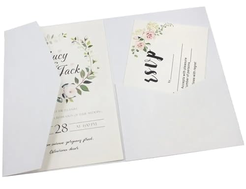 NMZXSTKN Hochzeitseinladungen Karte 50 dreifach gefaltete Hochzeitseinladungskarten mit Rosen-Laserschnitt, Taschen-Einladungsumschlag(Pearl White,Cover and Envelope) von NMZXSTKN