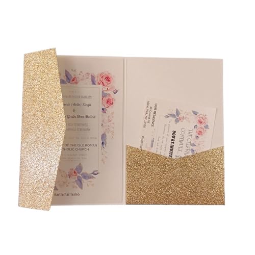 NMZXSTKN Hochzeitseinladungen Karte 50 dreifach gefaltete Hochzeitseinladungskarten mit Rosen-Laserschnitt, Taschen-Einladungsumschlag(Rose Gold Glitter,Cover and Envelope) von NMZXSTKN