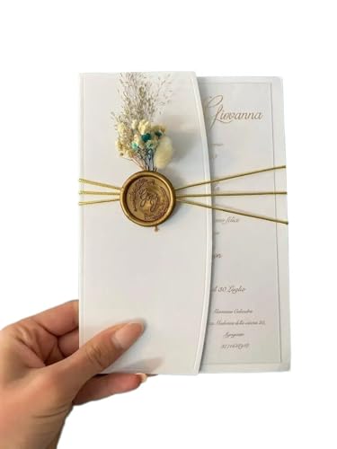 NMZXSTKN Hochzeitseinladungen Karte Hochzeitseinladungen, Einladungen, goldfarben, Bedruckt mit Wachssiegeln, Trockenblumen, Hochzeitskarten(100sets) von NMZXSTKN