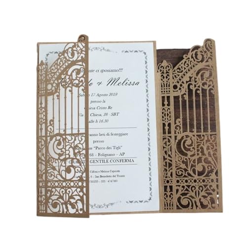 NMZXSTKN Hochzeitseinladungen Karte Metallic Gold Gate Laset Cut Hochzeitseinladungskarten, 50 Sets, personalisierter Druck, Hochzeits-Promi-Partyeinladungen(Craft Paper Color,Custom Printing Set) von NMZXSTKN