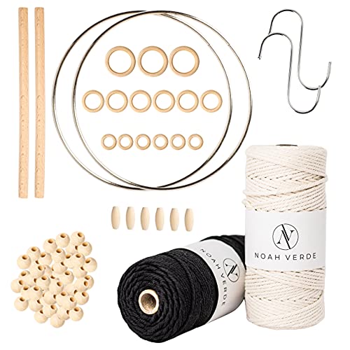 NOAH VERDE - Makramee Set für Anfänger mit Anleitung, Makramee Garn 3mm x 100m Schwarz und Beige, 100% Baumwolle, Makramee Zubehör, DIY Macrame Bastelset Erwachsene, Boho Deko, Ramadan Deko von NOAH VERDE