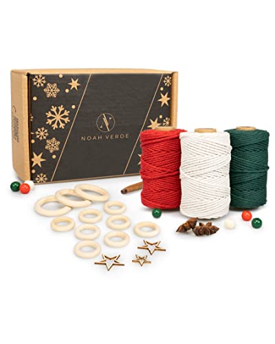 NOAH VERDE Makramee Set für Weihnachtsdeko mit Anleitung, Video Tutorials, Makramee Garn 2mm x 40m Rot, Grün, Beige, Makramee Zubehör, DIY Deko Weihnachten, Weihnachtsschmuck basteln, Macrame Cord von NOAH VERDE