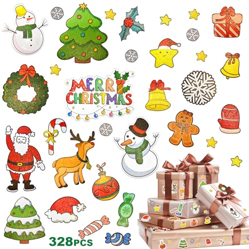 NOCHME Weihnachtsstickers Selbstklebend Weihnachtsaufkleber 8 Blatt 328 Glitzer Klein Aufkleber Weihnachten Sticker Für Kinder Basteln Karten Scrapbooking Deko Weihnachts Geschenk Papiertüten von NOCHME